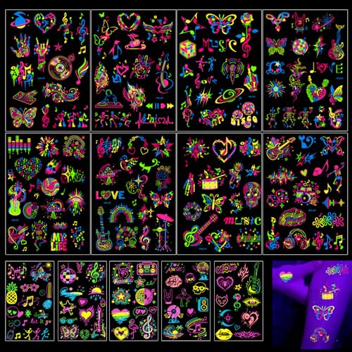 Qpout 13 feuilles de Tatouages Temporaires qui Brillent sous UV Musique Néon Disco Guitare Fluorescence Flash Stickers de tatouage factice pour femmes et hommes Corps et visage Art Festival