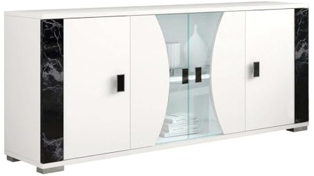 Buffet 4 portes blanc avec éclairage led décor marbre noir - ARIA
