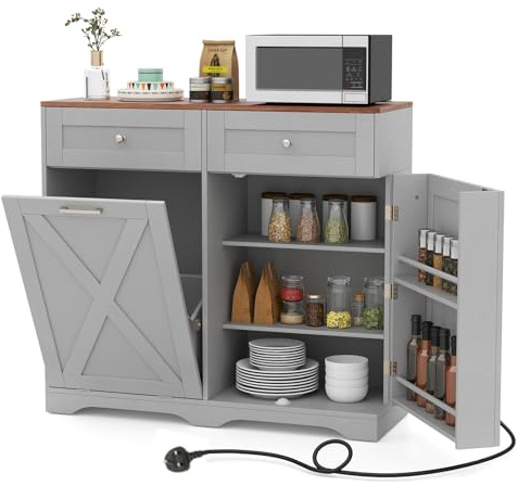 TANGZON Tilt Out Trash Can Cabinet, Pet-Proof Garbage Cabinet with Power Outlets, 2 Drawers, 2 Side Door Shelves, Adjustable Shelf & Barn Doors, Kitchen Pantry Storage Cabinet for Laundry Room (Gray)