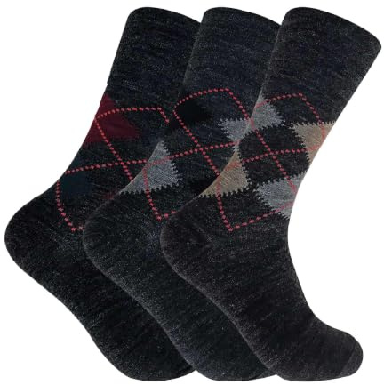 3 Pack Mens Thin Warm Loose Non Elastic Lambs Wool Blend Argyle Pattern Socks for Circulation (6-11 uk, SE049 Grey)