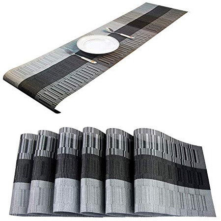Vinyl Tischsets und Tischläufer, hitzebeständig, schmutzabweisend, waschbar - 6 Tischsets + 1 Tischläufer, grau & schwarz