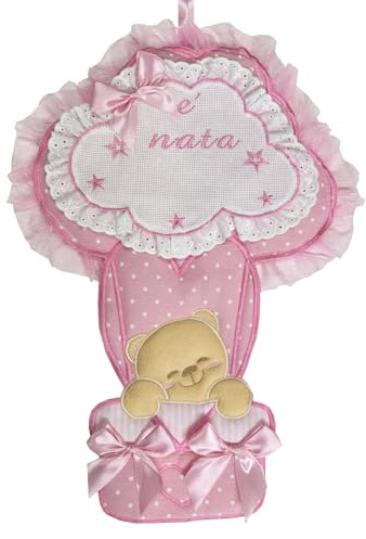 FIOCCO NASCITA COCCARDA MONGOLFIERA CON FORMA DI NUVOLA CON TELA AIDA DA RICAMO BIMBA ROSA Lavorato del tutto a mano
