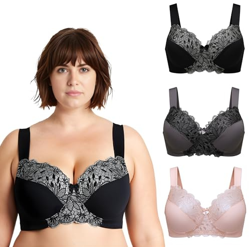 Curve Muse Taglia Grossa Reggiseni Senza Fili sfoderati Minimizer con Pizzo Ricamato-3 Confezioni-Rosa,Nero,Grogio-5D