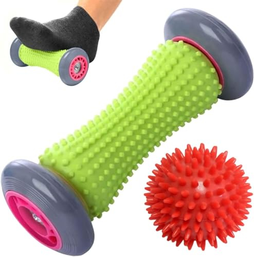 ROMIX Foot Massage Roller and Spiky Massage Ball Set, Deep Tissue Massager for Plantar Fasciitis Relief, Tight Muscles, Flat Feet, Hands, Arms and Legs Recovery, Stress Relief Roller Stick Tool