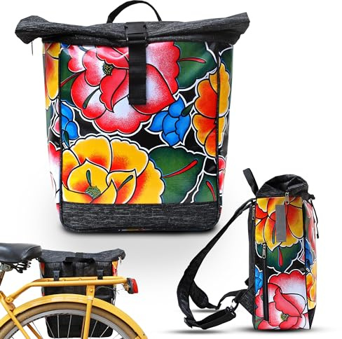 Ikuri Fahrradtasche/Rucksack Kombi Fahrradrucksack aus Wachstuch für Gepäckträger Packtasche Wasserdicht für Frauen