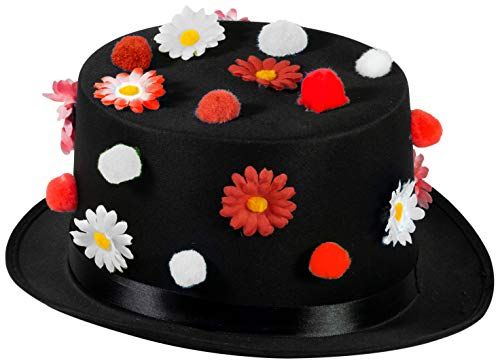 Plitsch Platsch Zylinder Hut für Erwachsene, Byron, Zylinder, Kopfbedeckung, Accessoire, Motto Party, Karneval, Zirkus, Geburtstag, Zauberer (schwarz m. rot/weißen Pompons/Blumen, 57 cm)