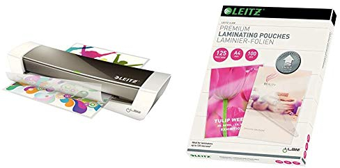 Leitz Laminiergerät, Metallic grau, A4, Home Office, iLam, WOW, 73680089 & Heißlaminierfolien, Glänzend, transparent, A4, UDT, Folienstärke 125 mic, 100er Pack, 74810000
