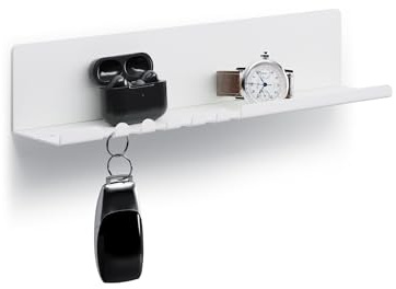 byde Helke Wandregal 30 x 6 x 6 cm 5 Haken und Kabelhalter, Hängeregal aus pulverbeschichtetem Stahlblech, Schlüsselbrett Organizer und Briefe für Eingang, Küche, Büro, Graue Farbe