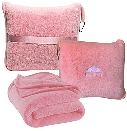 BlueHills Premium Soft Travel Blanket Pillow Airplane Blanket in Soft Bag case with Hand Luggage Belt and Carabiner Compact Pack Large Cozy Portable for Plane Car Train Transit Light Pink T020