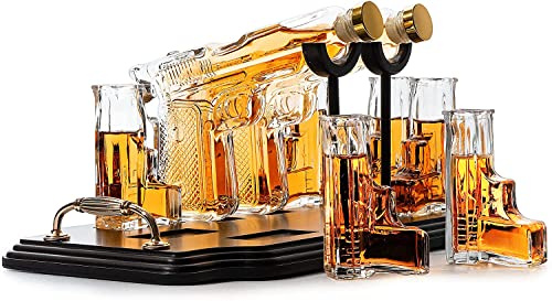 Pistol Whiskey Decanter Set – 2X 10.1 Oz Gun Style + 6 Bullet Shot Glasses – Unique Bourbon Gifts for Men, Dad, Husband, Military, Veterans, Police – Liquor Dispensers for Scotch, Vodka, Tequila