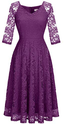 Dressystar Dam elegant spetsklänning V-ringning cocktailklänning bröllop midi aftonklänningar, lila, S