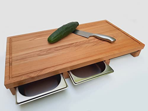 Schneidebrett mit Saftrille und Auffangschalen KERNBUCHE 61,5 x 32,5 x 7cm Holzbrett Brett Edelstahlschale Grillschneidebrett Auffangwanne Saftrinne Saftnut