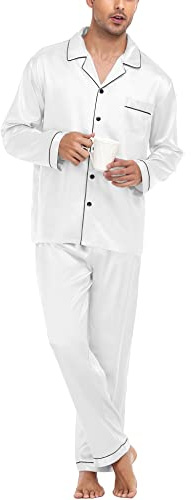 SWOMOG Mens Satin Pyjamas Set Long Sleeve Button Down Sleepwear Silk Pyjama Set Men Blouse and Long Pants PJs White