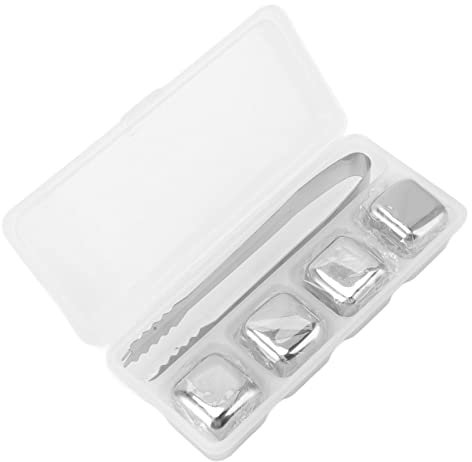 TOPINCN 4Pcs Whiskey Stones Stainless Steel Metal Ice Cube Reusable Cooling Whiskey Rocks Beverage Chilling Stones for Scotch and Bourbon(4pcs with Ice Tong)