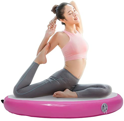 Air Turnmatte Aufblasbar Yogamatte Gymnastikmatte mit Luftpumpe 100cm Round Yoga Bodenmatte für Zuhause und Outdoor Rosa