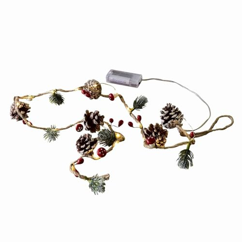 Loberon Lichterkette Ballon, mit LEDs, echte Kiefernzapfen, Deko-Beeren & Pilze, Weihnachtsbeleuchtung, Weihnachtsdekoration, Weihnachten, PVC, Kiefernzapfen, Flachsfasern, braun/grün