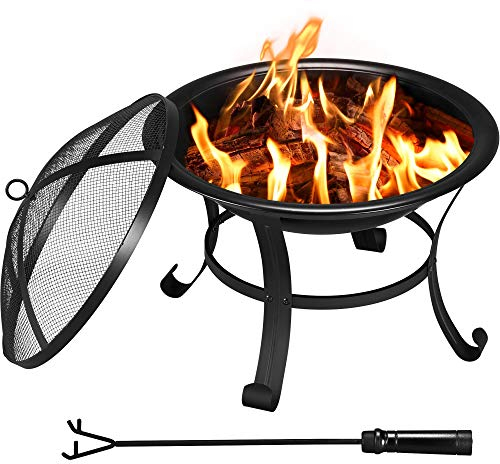 Abician Brasero Exterieur pour Jardin, Chauffage Foyer Poêle en Fer avec Poker Gril Couvercle Brasero Exterieur Terrasse BBQ 54 x 54 x 50cm Noir