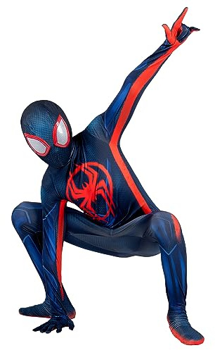 Marvel Miles Morales: Spider-Man Official Youth Deluxe Zentai Costume - Stretch Spandex with Hidden Zippers, Wrist Slits (S) Multi