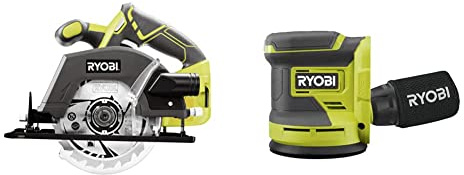RYOBI - Scie Circulaire 18 V ONE+ Lame Ø 150 mm - pour Toutes vos Découpes Droite et de Biais, Délignage de Planches & Ponceuse Excentrique 18 V ONE+ 125 mm + 3 Abrasifs pour Retirer Peinture