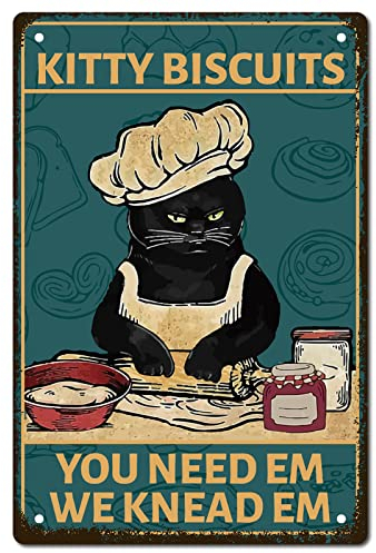 CREATCABIN Cat Kitchen Vintage Metal Tin Sign Kitty Biscuits We Knead Em You Need Em Cat Baking Sign Funny Black Cat Wall Art Decor Retro Poster for Home Kitchen Farm Restaurant Bakery 8 x 12 Inch