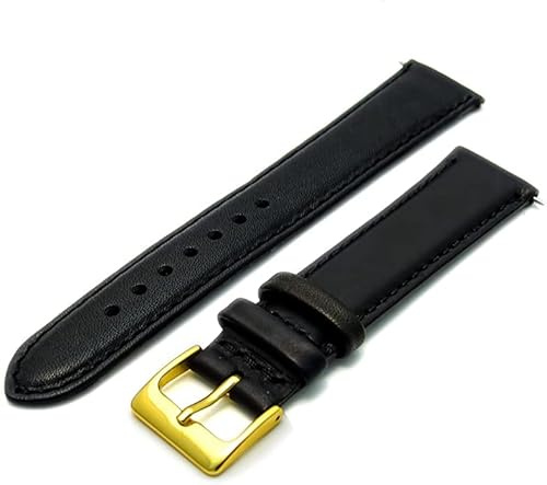 Jesata Soft Genuine Leather Watch Strap Band 18mm, Black, (Gold Colour Buckle)