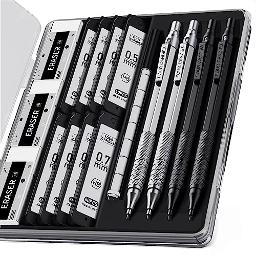 Four Candies 4PCS Metal Mechanical Pencils Set with Case, 0.5mm & 0.7 mm Artist Pencil with 8 Tubes (480PCS) HB Lead Refills, 3 Erasers,9 Eraser Refills For Writing Drafting, Drawing, Black&Silver