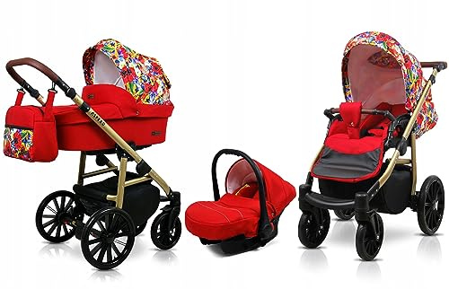 BabyLux® Bambimo Kinderwagen Set 3 in 1 - Aspero - incl. Babywanne, Buggy Sportsitz, Auto-Babyschale - Autositz - Kinderwagenset - Kombikinderwagen mit Wickeltasche, Regenschutz usw.