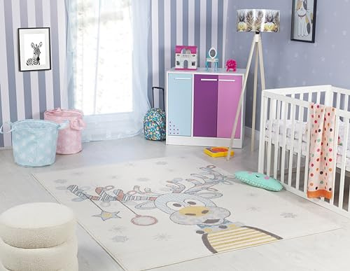 Livabliss Rentier Kinder - Cartoon 80x150 cm, Tier Kinderzimmer oder Babyzimmer, Krabbel oder Spiel - Babymatte für Jungen & Mädchen, Elfenbein und Blau