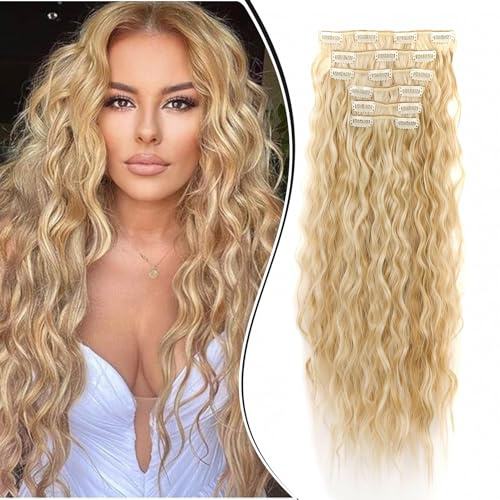 Dcbaboo Clip in Extensions hårdel hårförlängning vågig 6 st 50 cm förlängningsklämma i hårförlängningar som äkta hår, prisvärd hårförlängning syntetlockar långa, naturliga blond/blekblond