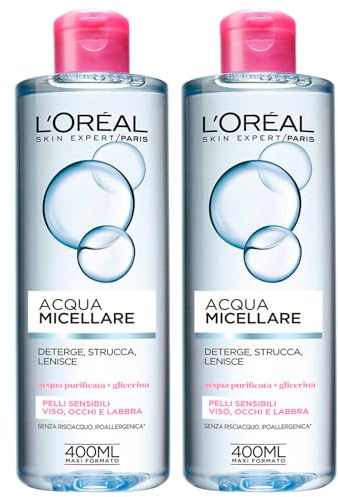 L'Oréal Paris Skin Expert Eau Micellaire Démaquillante Démaquillante Apaise Convient aux Peaux Sensibles Visage, Yeux et Lèvres Formule Sans Rinçage et Hypoallergénique 2 Flacons de 400 ml