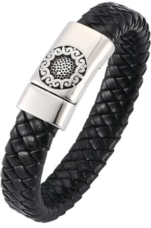 Bishilin Herren Armbänder Leder 12MM, Personalisiertes Armband Männer Blume mit Magnetverschluss Leder Armbänder Schwarz 16.5CM