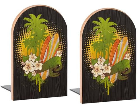 Tropisches Surfbrett auf schwarzen Buchstützen, dekorative Holz-Buchstützen für Regale, Zimmer, Schreibtisch, Heimbüro, Buchstopper für Zeitschriften, Bücher, DVDs, 2 Stück