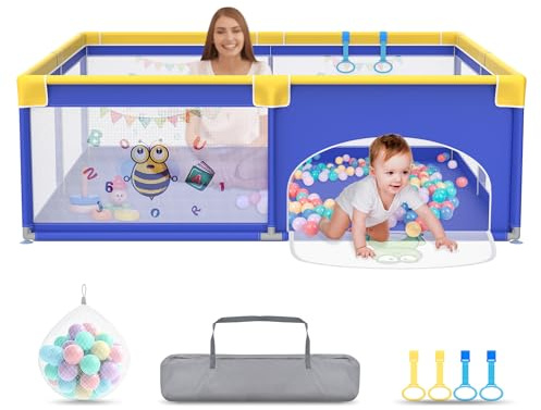 UISEBRT Lekhage för babylekhage 180 x 200 cm lekhage för baby med 50 havsbollar och 4 dragringar, bärväska, vikbart lekgaller med ventilerande nät för barn, blå med djurmotiv