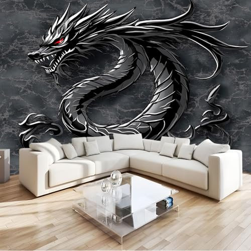 Carta da parati Drago Di Metallo Nero Fotomurali Murale alla moda Decorazione da Muro Poster 300x210 cm Gigante Design Carta per pareti Ornamento