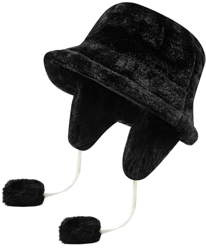 CLAPE Flauschig Kunstfell Wintermütze Warm Fischerhut mit Ohrenklappen Winter Bucket Hat Breite Krempe Eimer Hut Faltbar Anglerhut für Damen Herren