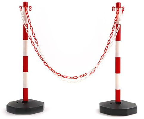Wiltec mobile Parkplatz Absperrung 80 x 28 x 28 cm, Sperrpfosten mit 1,4 m langer Kette, rot-weiße Absperrpfosten, Poller für Parkplatz sperren