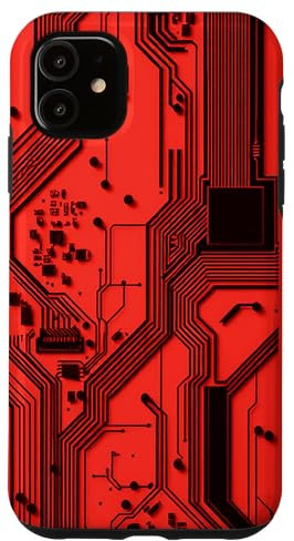 Schéma de carte mère rouge avec circuits électroniques Coque pour iPhone 11