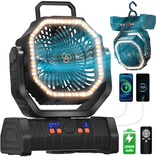 EEIFO Battery Operated Fan Portable Battery Powered Outdoor Camping Tent Fan with LED Lantern Light 20000mAh Rechargeable, Oscillating, 360° Rotating Hanging Hook, Cordless USB Desk Fan(Black)