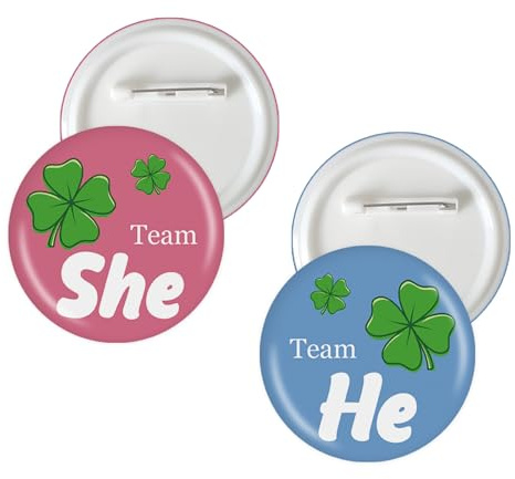 10 Pcs St. Patrick's Day Gender Reveal Button Pins, Lucky Shamrock Team He Team She Badge Pins, Pink Clover and Blue Clover Boy or Girl Stain Brooch Button for Baby Shower Party Decorations