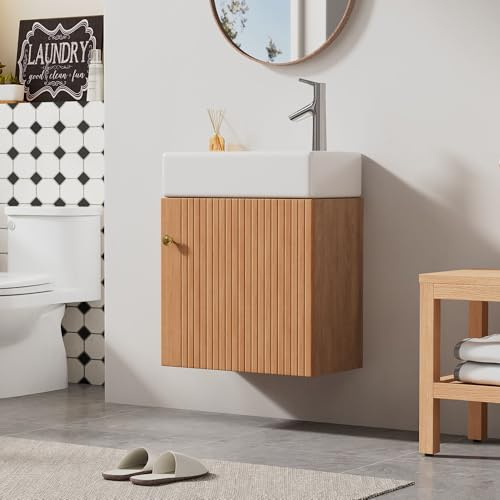 Meuble Salle de Bain Moderne avec Vasque en Céramique, Sous-vasque 46 cm, Suspendu pour Invités et WC, Gris/Blanc/Naturel