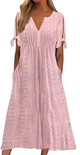 Yinguo My Orders, Summer Dress,Summer Dresses for Women UK 2025 Causal V-Neck Button Short Sleeve Vacation Floral Dress with Pockets Ladies Maxi Printing Dress Party Club Elegant Beach Dresses Pink L