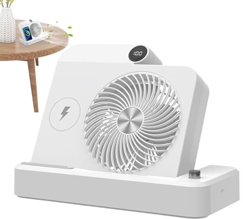Ventilador de mesa pequeño, ventilador de escritorio pequeño, Ventilador de mesa con cargador inalámbrico, Base en ángulo, ajuste de 100 velocidades, pantalla digital, dispositivo de enfriamiento para