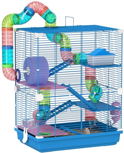 PawHut Jaula para Hámster de 5 Niveles, Casa para Roedores Pequeños con Túnel, Plataformas, Cuenco, Bebedero, Casita, Rampas y Rueda de Ejercicio, para Jerbos, 46x30x58 cm, Azul
