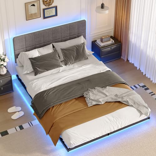 EROMMY LED Floating Bed Frame,Double Size 140x200cm,Metal Platform with Adjustable Upholstered Headboard,No Box Spring Needed,Slatted Bed Base