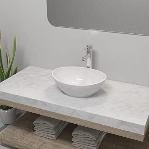 Lavabo de Salle de Bain with Céramique Ovale, Mitigeur Chromé, Vasque à Poser Salle de Bain, Lavabo Salle de Bain, Meuble Vasque Salle de Bain, Lave Main, Blanc, 400 x 330 x 135 mm