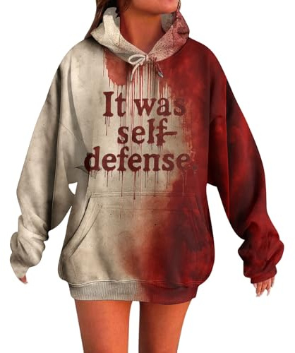Hoodies For Women Uk Scary Halloween Bloody Print Long Sleeve Sweatshirt Bloodstain Red Fashion Drawing Costumes Scary Holiday Costumes Popular Halloween Outfits (Black, S)