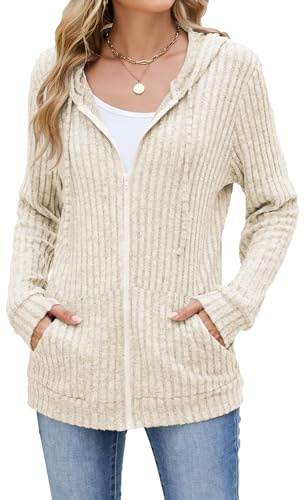 iChunhua Damen-Strickjacke mit Reißverschluss, langärmelig, mit Kapuze, leichte Jacke mit Taschen