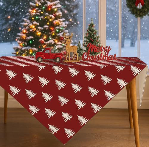 JANGYUHH Rot Weihnachten Tischdecke Abwaschbar Weihnachtsbaum Weihnachtsdeko Quadrat 85x85 cm leinenoptik Tischtuch Tischwäsche Wohnzimmertisch Table Cloth Christmas Party