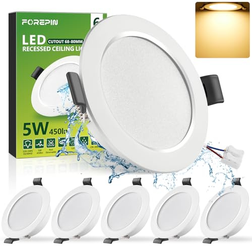 Faretti LED da Incasso per Cartongesso, 5W 450LM Luci da Soffitto Interno, Luce Caldo 3000K Ultrasottili IP44 Faretto Led Incasso per Bagno, Diametro Foro Ø68-80mm, AC 220-240V, Set di 6