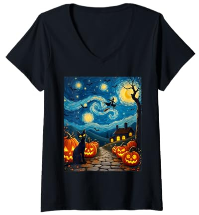 Damen Schwarze Katze Van Gogh Halloween Gothic Hexe Party Kostüm T-Shirt mit V-Ausschnitt